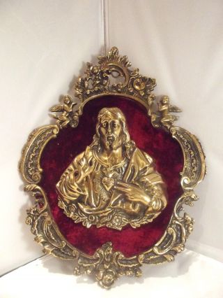 Vintage Jesus Sacred Heart Bronze Red Velvet Wall Plaque Religion God Heavy Rare