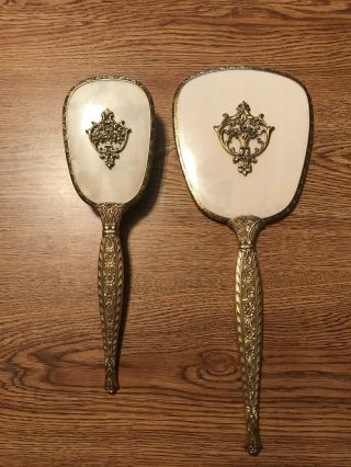 Gold Plated Vintage Handheld Mirror And Hair Brush Set