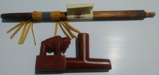 24 " Hand Made Indan Ceremonial Buffalo Effigy Pipestone Peace Pipe With Stem