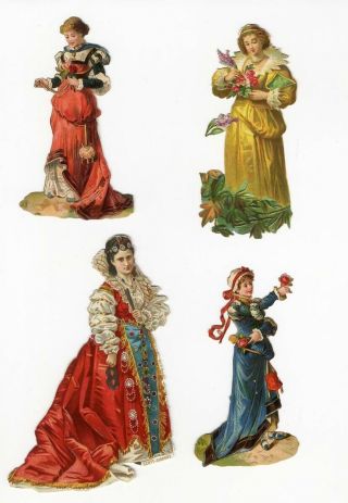 Elizabethan Style Women 4 Victorian Die Cut Scrap C 1880 