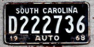 1968 White On Black South Carolina License Plate