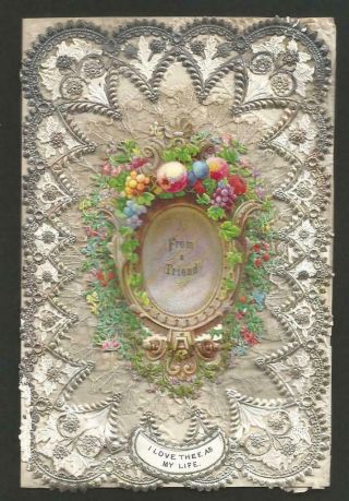 H61 - Victorian Paper Lace Valentine Card - Floral Scrap On Real Lace