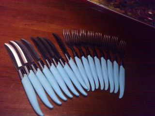 Vintage 8 Piece Blue Handle Flatware Robinson Knife Fork Co Usa Stainless