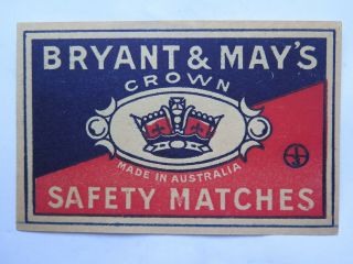 Bryant & May Crown Match Label Australian Made 1930s Large Matchbox Pack Size