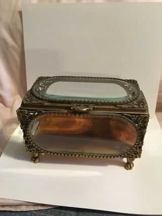 Vintage Saks Fifth Avenue Ormolu Glass Casket Jewelry Trinket Box