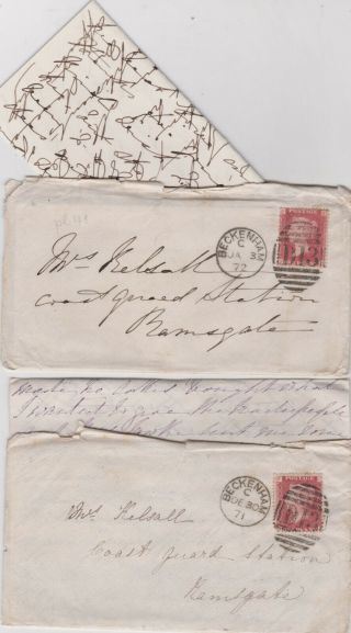 1871 - 72 Qv Two Beckenham Covers With 1d Red Stamps To Ramsgate Letters Inside