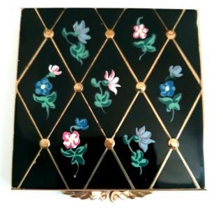 Vintage Deco Volupte Black & Gold Enameled Compact With Hand Painted Flowers.