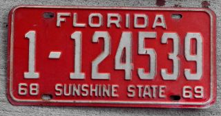 1968 - 1969 White On Red Florida License Plate