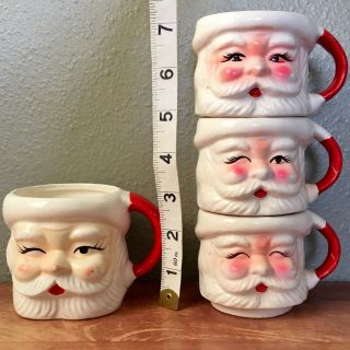 Vtg Set Of 4 Santa Claus Mugs Cups Japan Variations Of Winking Faces 1@3” 3@2.  5”