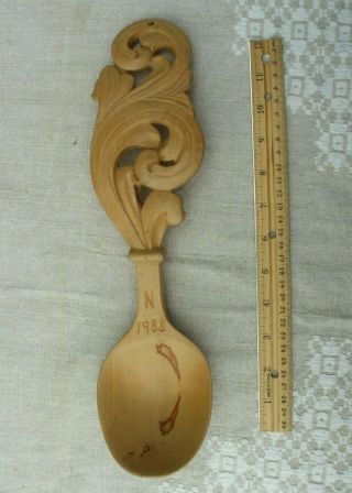 Carved Wooden Spoon With Rosemaling Design Handle,  Dated N 1988,  14 " Long