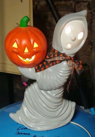 Vintage Ceramic Ghost Holding Pumpkin Light Up Halloween Decor