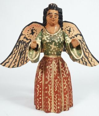 Vintage Mexican Folk Art,  Hand Painted Carved Wood Angel W/ Jointed Arms