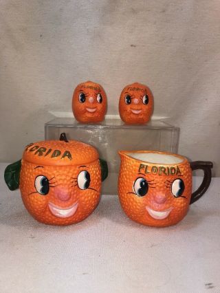 Vtg Sun Japan 50’s Anthropomorphic Florida Orange Cream Sugar Salt Pepper Set