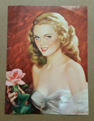 " Lady Holding Rose " Pin - Up Embossed Art Print,  Beauty Vintage,  1940 