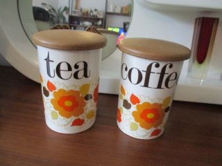 Vtg 60s Pair Crown Devon Carnaby Mary Quant Tea Coffee Storage Jar Orange Flower