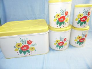 Vintage Red & Yellow Flower Metal Bread Box,  4 Canister Nesting Set