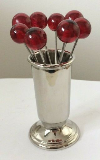 Vintage Cherry Picks Cocktail Sticks Set Of Eight In Silver Plated Holder