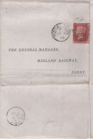 1875 - 76 Qv Rare Turned & Reused Midland Railway Letter With 1d Penny Red Stamps