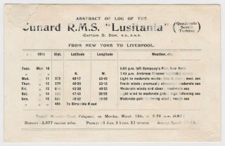 Cunard RMS Lusitania Abstract Log 1914 York to Liverpool Capt D Dow 2