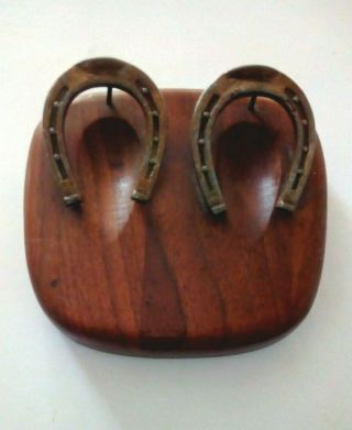Vintage American Walnut Wood And Brass Horseshoe 2 Pipe Rest Stand Holder 1960s