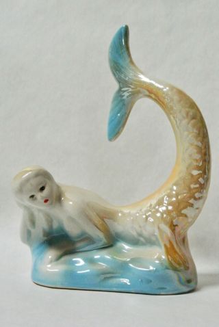 Vintage Iridescent Luster Large Ceramic Mermaid Figurine Made In Brazil.