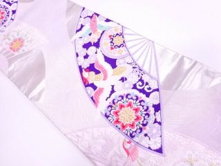 65073 Japanese Kimono / Vintage Fukuro Obi / Folding Fan With Flower & Bird
