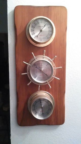 Vintage Sunbeam Ships Wheel Barometer,  Thermometer Mounted On Wood Gold Accents
