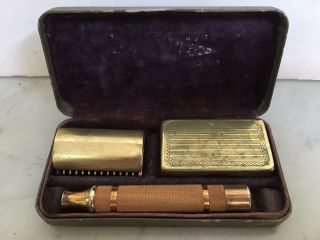 Vintage Gillette Safety Razor,  Gold Tone With Fat Round Handle,  Complete.