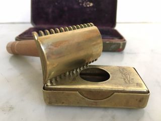 Vintage Gillette Safety Razor,  gold tone with fat round handle,  complete. 2