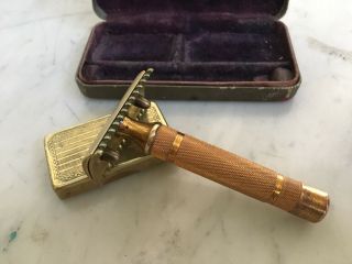 Vintage Gillette Safety Razor,  gold tone with fat round handle,  complete. 3