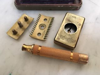 Vintage Gillette Safety Razor,  gold tone with fat round handle,  complete. 5