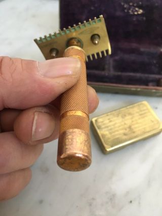 Vintage Gillette Safety Razor,  gold tone with fat round handle,  complete. 8