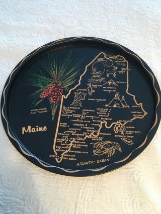 Vintage Maine State Tin Souvenir Tray 11 " Pine Cone And Tassel Map