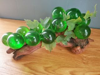 Vintage Mid Century Modern Acrylic Green Large Lucite Grape Cluster On Wood 13 "