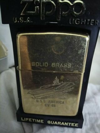 1932 - 1990 Zippo Solid Brass Lighter W/dbl - Sided Graphics Of Uss America Cv - 66