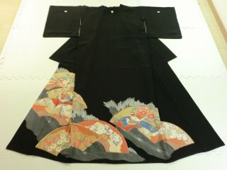 Japanese Vintage Kimono,  Black Tomesode,  Silk,  Yuzen,  Hand Embroidery P031306