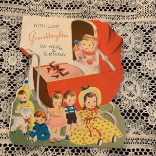Vintage Greeting Card Birthday Granddaughter Doll Stroller Girl Norcross Wish