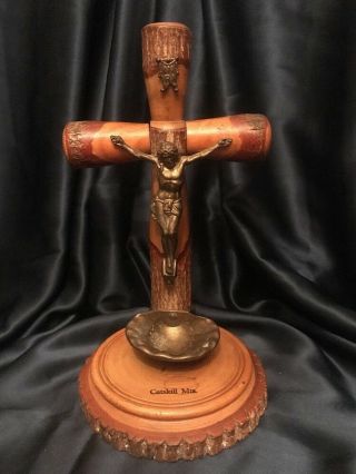 Antique Catskill Mts.  Handmade Wooden Cross W Brass Crucifix & Holy Water Font