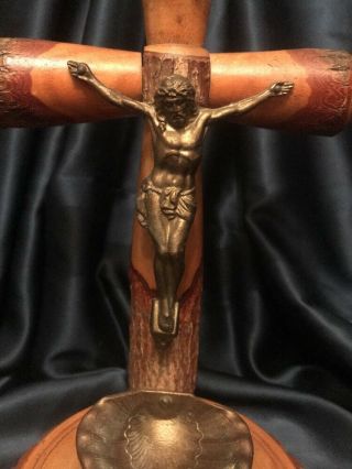 Antique Catskill Mts.  Handmade Wooden Cross w Brass CRUCIFIX & Holy Water Font 2