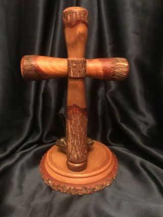 Antique Catskill Mts.  Handmade Wooden Cross w Brass CRUCIFIX & Holy Water Font 6