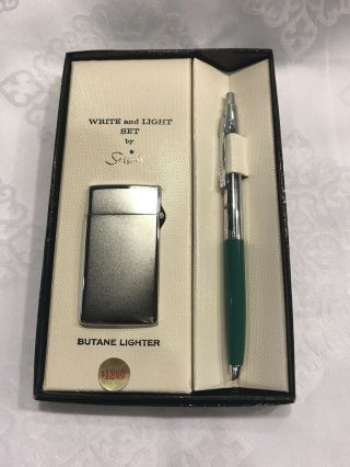 Vintage Scripto Butane Lighter Write & Light Set Silver Lighter W/green Pen