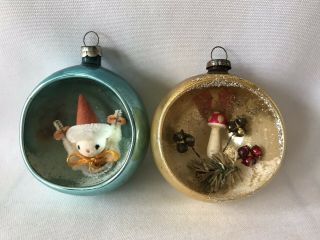 2 Vintage Diorama 3d Indent Mercury Glass Christmas Ornaments Mushroom Santa