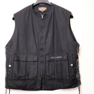 Harley Davidson Mens Black Size L 100 Cotton Vest Front Pockets Lace Up Side