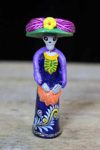 Small Size Blue Catrina Day Of The Dead Skeleton Puebla Mexican Folk Art Muertos