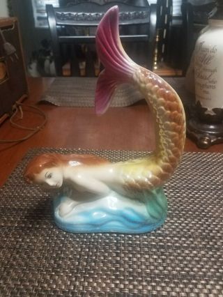 Vintage 8 Inch Iridescent Ceramic Mermaid Figurine,  Made In Brazil.