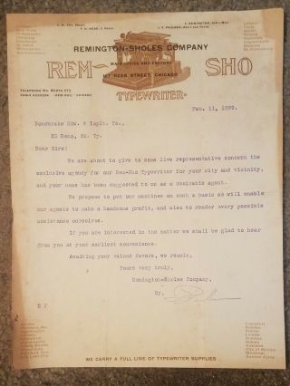 1899 Remington - Sholes Company Typewriter Letterhead,  Chicago