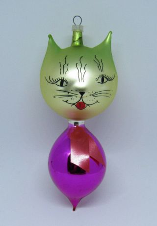 Vtg 1960s Hand Blown Glass Hand Painted Kitten Christmas Ornament 5 " Tall