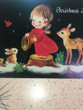 Vintage Christmas Card Black Background Angel Feeding Baby Animals Fawn Deer