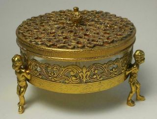 Vintage Globe 24k Gold Plated Vanity Jewelry Trinket Box Held By Three Cherubs