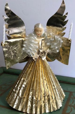 Vintage Christmas Wax Angel Gold Foil Tree Topper Ornament Germany 11.  5”